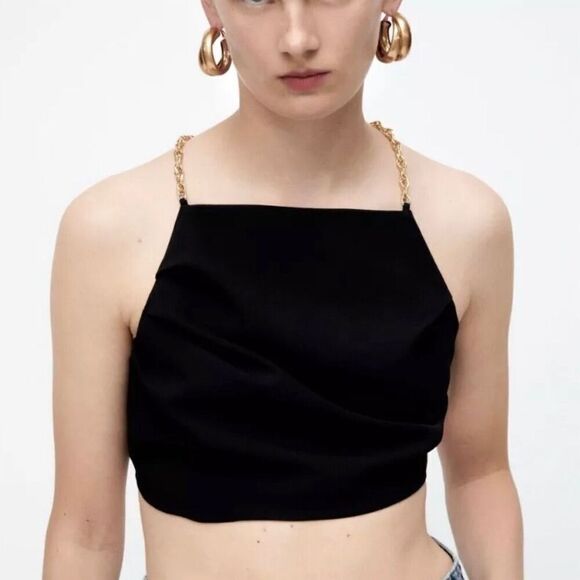 Zara Women's Black‎ Gold Chain Halter Neck Cropped Top Size Large NWT - Picture 1 of 8